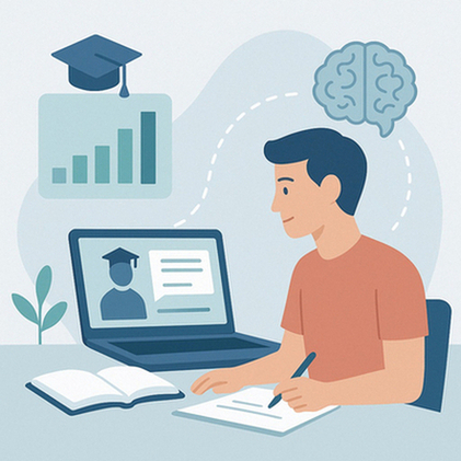 دانشجویی در حال یادگیری آنلاین با لپ‌تاپ، نمودار پیشرفت برای نشان دادن تاثیر آموزش مجازی