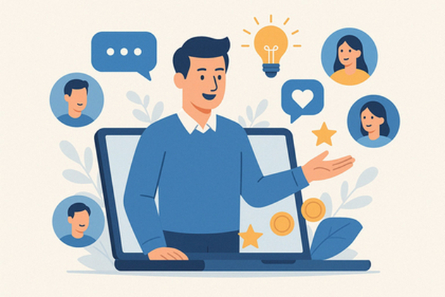 استاد در حال تعامل آنلاین با دانشجویان با نمادهای گفت‌وگو، علاقه، لامپ و ستاره