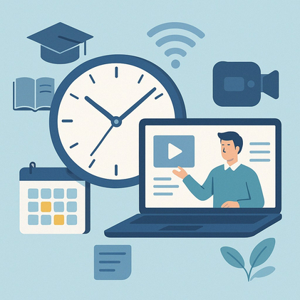 استاد در حال تدریس و آیکون‌های آموزشی برای مدیریت زمان در تدریس آنلاین